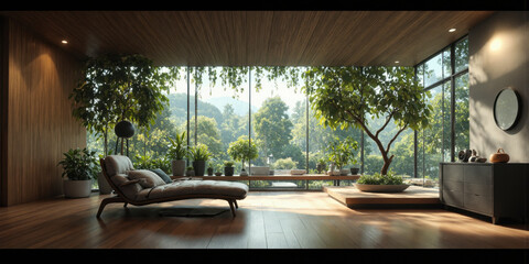 Fototapeta premium Interior design nature Serenity: Relaxation space filled with plants, daylight interior view for calm living