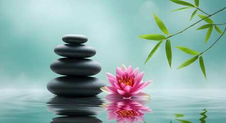 Obraz premium Stacked Black Stones with Pink Lotus Flower and Bamboo on Water Surface for Tranquil Spa Scene