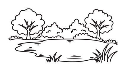 Fototapeta premium Lake bordered by lush green trees and grass, reflecting the natural beauty of the surrounding landscape line art flat vector illustration.