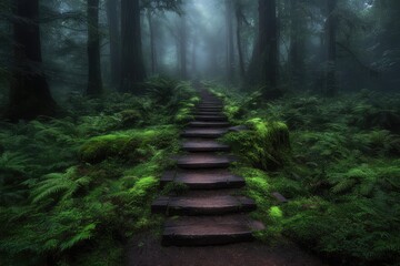 Obraz premium A moss-covered path winds through a foggy forest, leading into the mysterious unknown