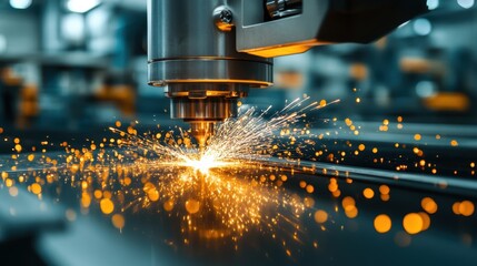 A dynamic factory scene with industrial machines creating sparks and colorful energy waves as they work.