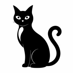 Obraz premium Black and white cat sitting on a white background in a cartoon silhouette style
