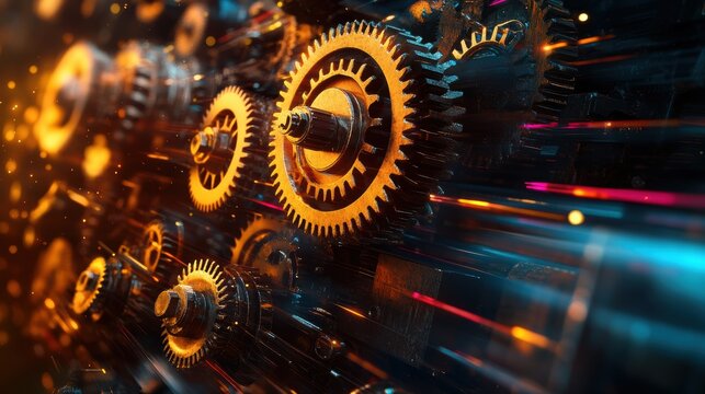 A creative perspective of gears and levers moving in sync, with vibrant streaks of color illuminating their movement.