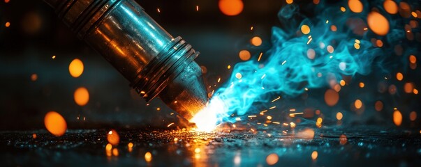 Close-up of a welding torch emitting blue flames and sparks in a workshop.