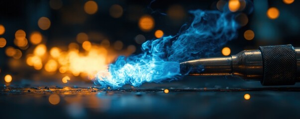 Close-up of a blowtorch with vibrant blue flame against blurred orange lights.