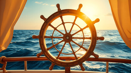 ship's wheel Concept of Freedom and Adventure Direction of the sea، Maritime Navigation and Leadership, Generative Ai