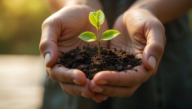 Pair of hands gently holding a young green with soil isolated on transparent background
