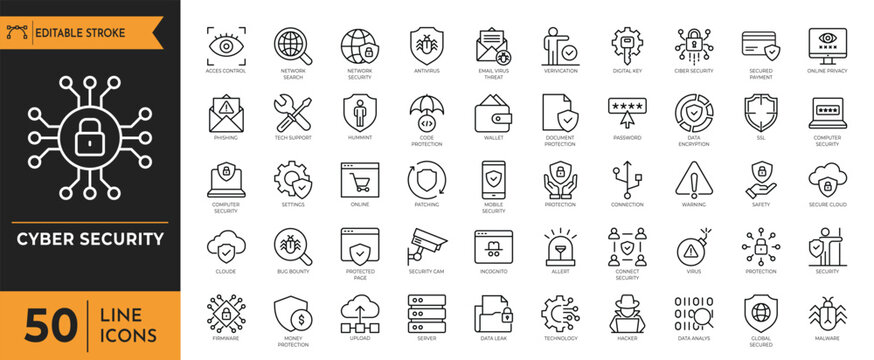 Cyber security icon set. Containing Data Protection, Hacker, Password, Firewall, Spam, Antivirus, Virus Threat, Padlock, Secure, Phishing. Vector illustration. Editable stroke.