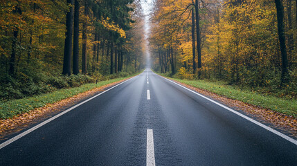 Fototapeta premium A long asphalt road stretches through a forest in autumn with colorful leaves on the trees