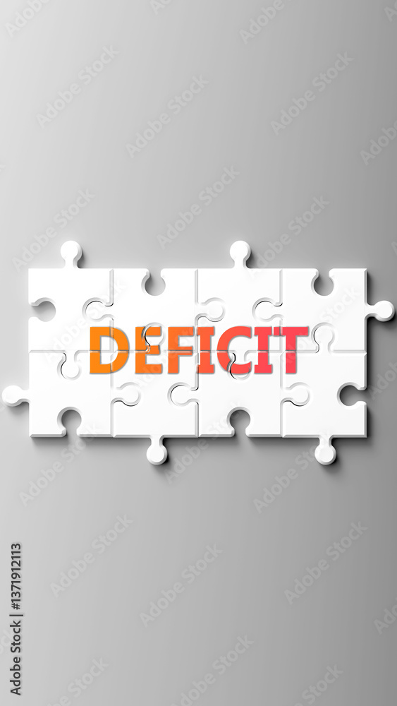 Aufkleber Deficit complex like a puzzle - pictured as word deficit on a puzzle pieces to show that deficit is complex and needs cooperating pieces that fit together. ,3d illustration