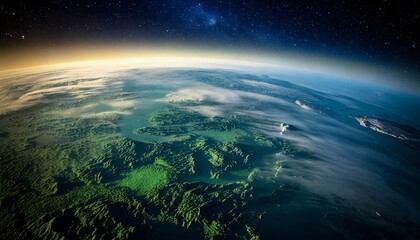 Fototapeta premium Earthrise: Coastal Dawn, Green Isles & Starry Sky