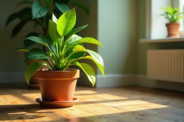Fototapeta premium A vibrant potted plant thrives in a sunlit room, its lush green leaves basking in the warm glow, creating a serene and peaceful atmosphere.