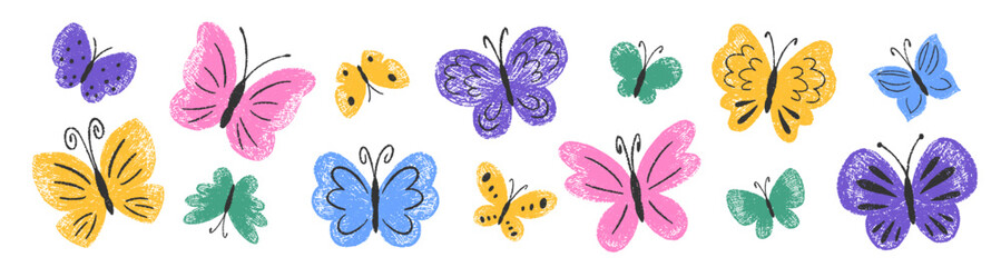 Set of color butterfly with crayon, pastel or chalk texture. Insects painted with pencil. Doodle vector illustration for child or school.