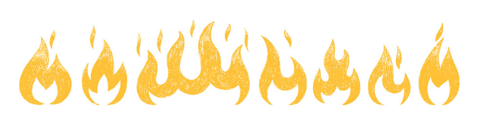 Set of fires or flames with crayon, pastel or chalk texture. Doodle yellow vector illustration for grunge design. © Arina