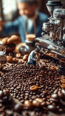Miniature Worker Harvesting Coffee Beans in a Coffee Shop Setting