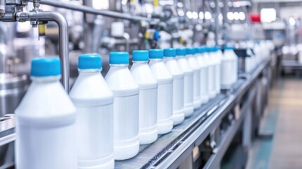 A dairy bottling plant with rows of milk cartons being processed.
