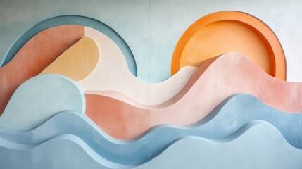 Abstract Pastel Waves and Sun Design Wall Art