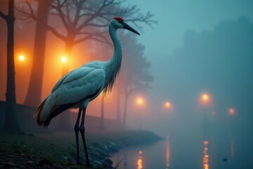 Naklejka premium Serene avian silhouette at dawn, mist-shrouded waterfront park with soft orange lights reflecting on tranquil water