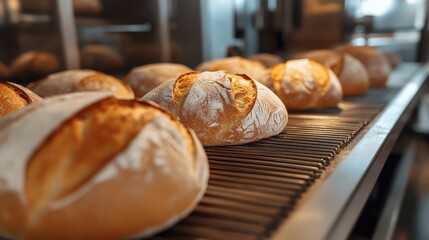 A fully automated bread factory with loaves neatly aligned on cooling racks.