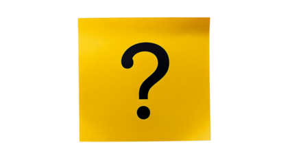 A question mark on a yellow sticker on a transparent background.