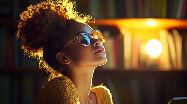 Young Person in Sunglasses Reflecting on Skills Assessment Process in a Cozy Library Environment