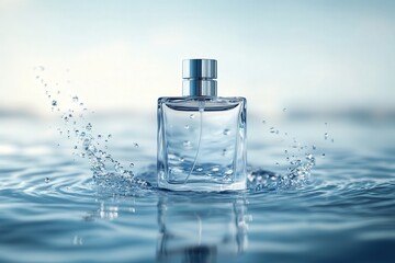 Clear glass perfume bottle splashing in water, reflecting light.