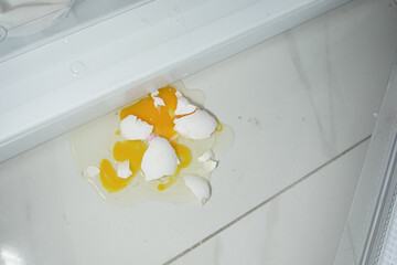 Egg shells and yellow yolk spilled on kitchen floor