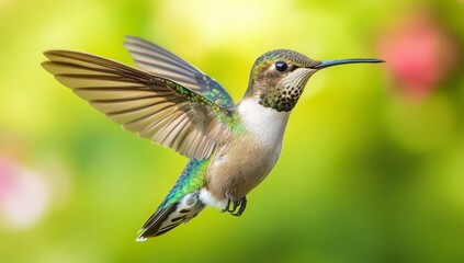 Fototapeta premium Vibrant Hummingbird in Flight with Colorful Blurred Background