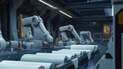 A futuristic textile factory with robotic arms moving fabric rolls.