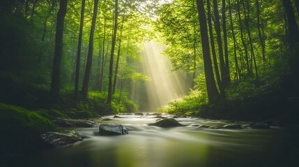 Obraz premium A tranquil river flowing through a dense forest with autumn leaves