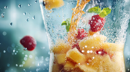 A high-speed shot of blender ingredients swirling into a smoothie