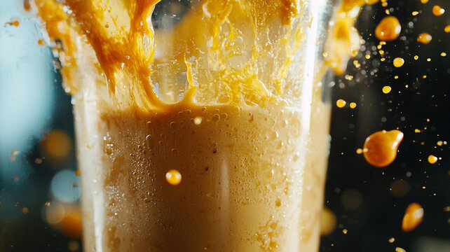 A high-speed shot of blender ingredients swirling into a smoothie