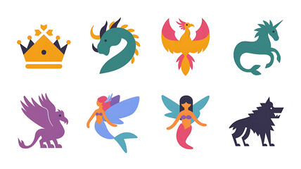 Obraz premium Fantasy creatures icons flat design mythical beasts vector graphics