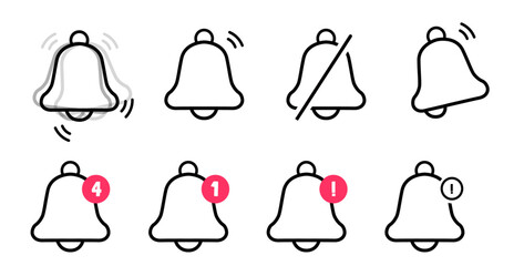 Notification bell icon set. Alarm symbol. Ringing bells reminder icon , incoming inbox message sign - Web icons collection set