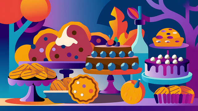 Colorful dessert display autumnal theme flat design