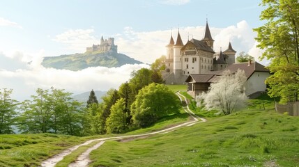 Majestic Castle on a Hill Surrounded by Lush Green Landscape