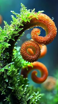 Vibrant orange spirals thrive among lush green moss in a serene underwater environment