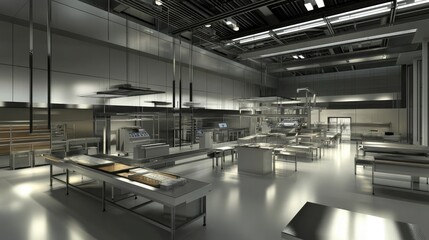 A modern food processing plant with automated conveyor belts and packaged goods.