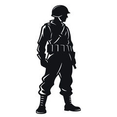 Black silhouette of soldier with white background. 
