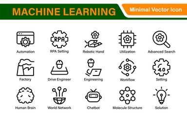 Artificial Intelligence Machine Learning Icons - AI, Neural Network, Deep Learning, Data Science, Algorithm - Vector, Outline, Line, Illustration, Minimal