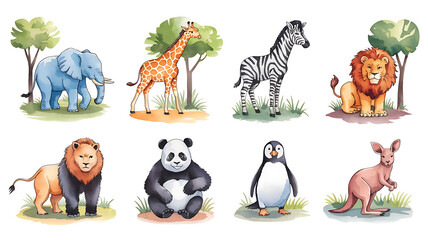 Naklejka premium Cute watercolor illustration of various safari animals