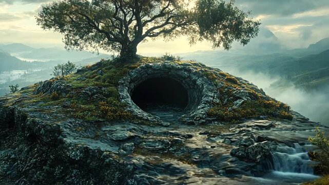 Misty mountaintop cave, ancient tree, serene landscape, possible use for wallpaper, nature poster