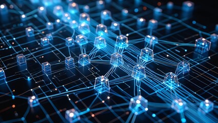 Obraz premium Abstract Network Data Flow Illuminated Cubes Connected by Glowing Lines Digital Technology Concept