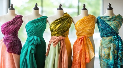A textile showroom with vibrant fabrics elegantly draped over mannequins.