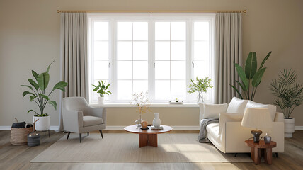Beige living room with large window modern furniture and plants