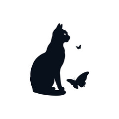 A black and white vector silhouette of a cat wagging its tail while watching a butterfly hover above on a white background