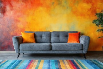 Modern gray sofa sits against vibrant painted wall artwork