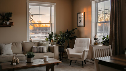 Cozy living room with plants sunset view and warm lighting