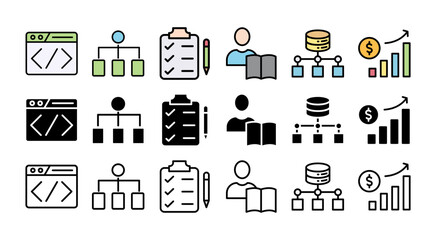 DATA SCIENCE icon set with multiple style data, classification, analyze, statistics, solving, decision and knowledge