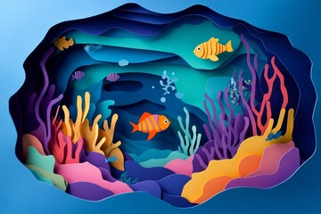 Colorful coral reef with tropical fish and sea plants in layered paper cut style, vibrant ocean illustration